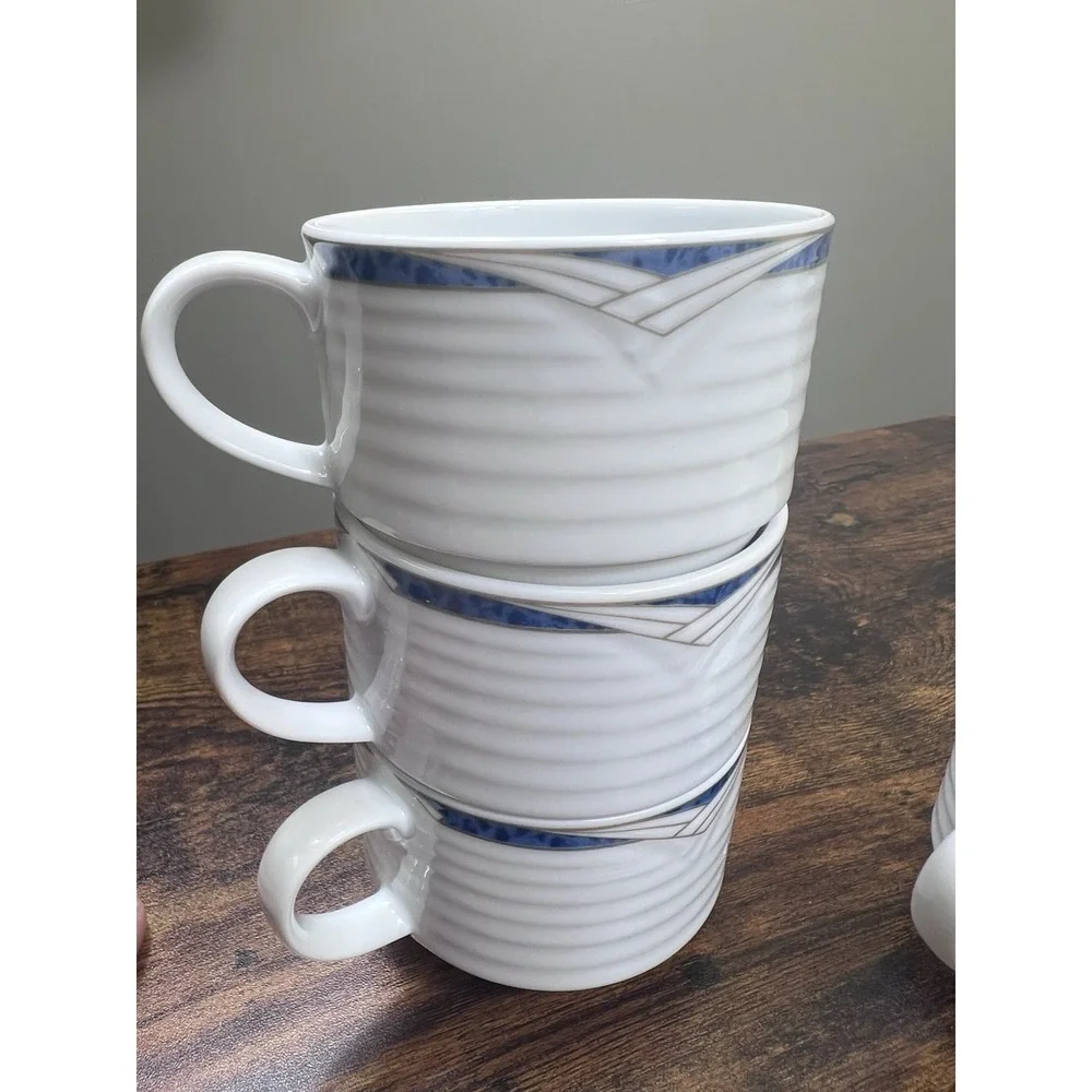 Lot Of 6 Contemporary Noritake Tea Cups Arctic Blue Ribbed Very Nice